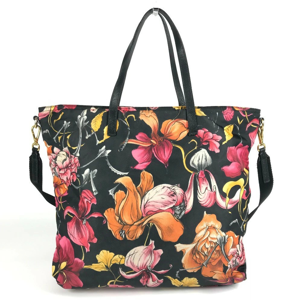 Prada Plate Handbag Flower Bag Floral Flower Triangle Tote Black Shoulder
